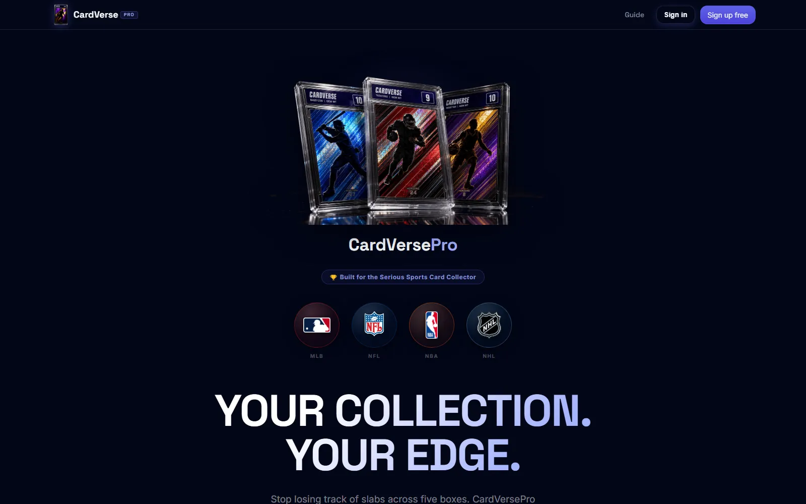 CardVersePro homepage — sports card collection manager