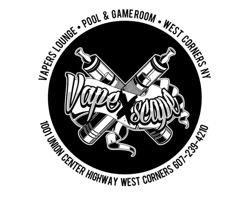 VapeXscape round badge logo — crossed vape devices behind a script wordmark, ringed with the lounge's services, address and phone number