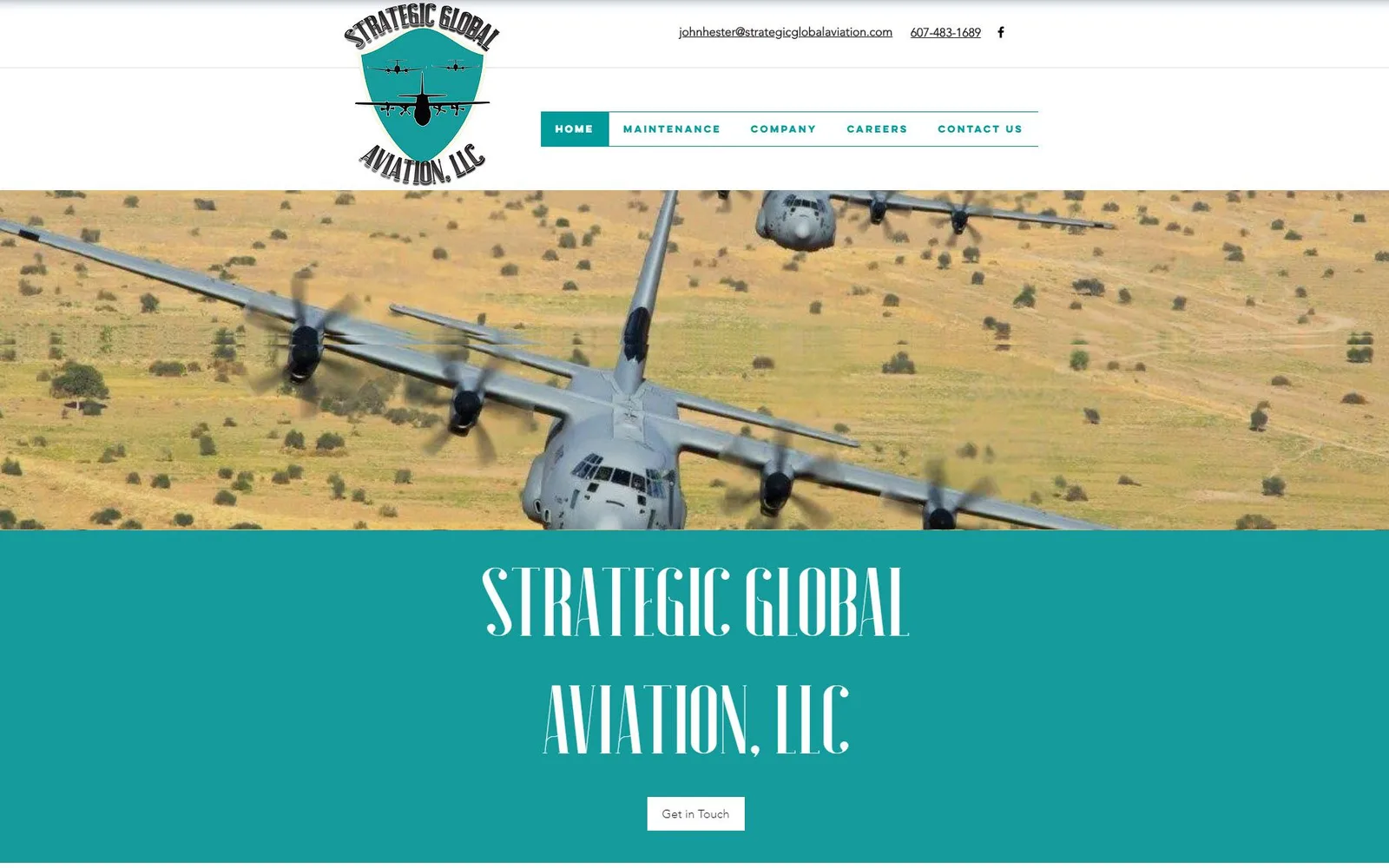 Strategic Global Aviation homepage, with a C-130 hero image and teal title band